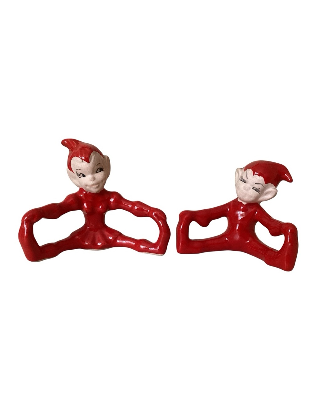 Vintage 50’s Gilner Elves Pixies Set of 2 boy & Girl Touching Toes Red